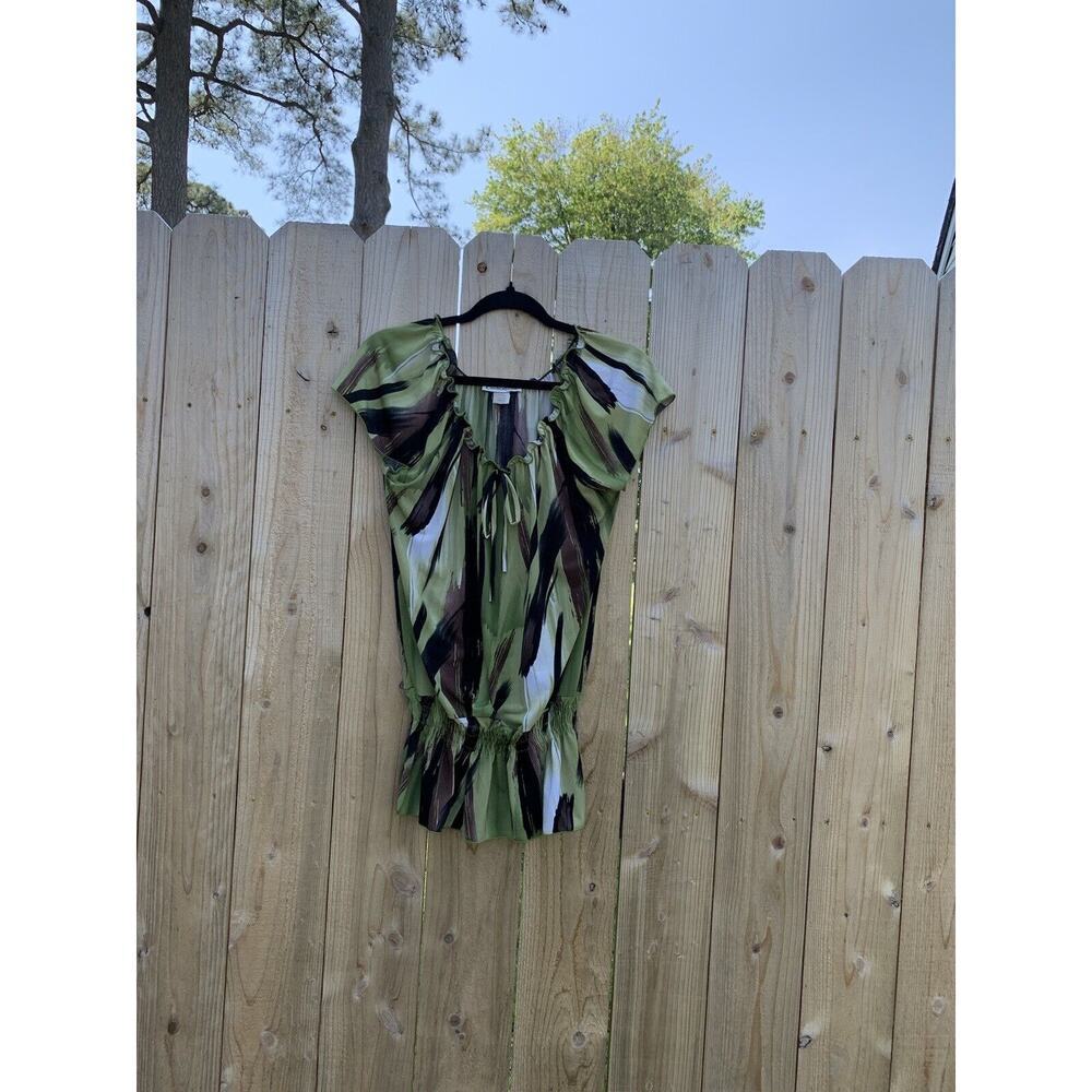 Claudia Richard Womens Green Brown Design Shirt Top Blouse Large Watercolor
